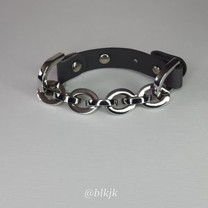 Silver Tone Chain Bracelet With Gray Vegan Leather Strap
